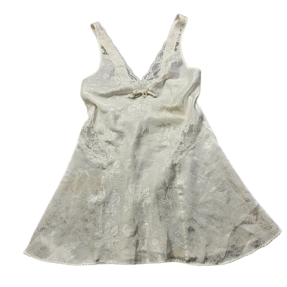 Vintage Val Mode Lingerie Slip Chemise Nightgown Womens Cream Satin‎ Floral Lace